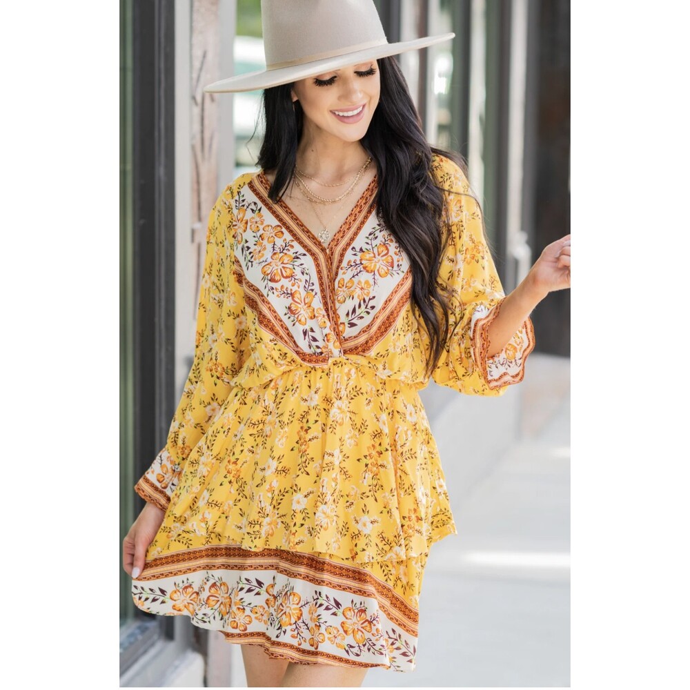 Umgee Floral Border Print Layered Mini Dress Summer Boho A‑Line Sz S